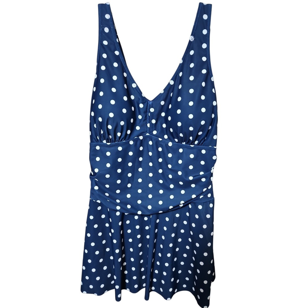 Navy Blue White Polka Dot Swim Dress V-Neck Ruched One Piece Swimsuit 0642